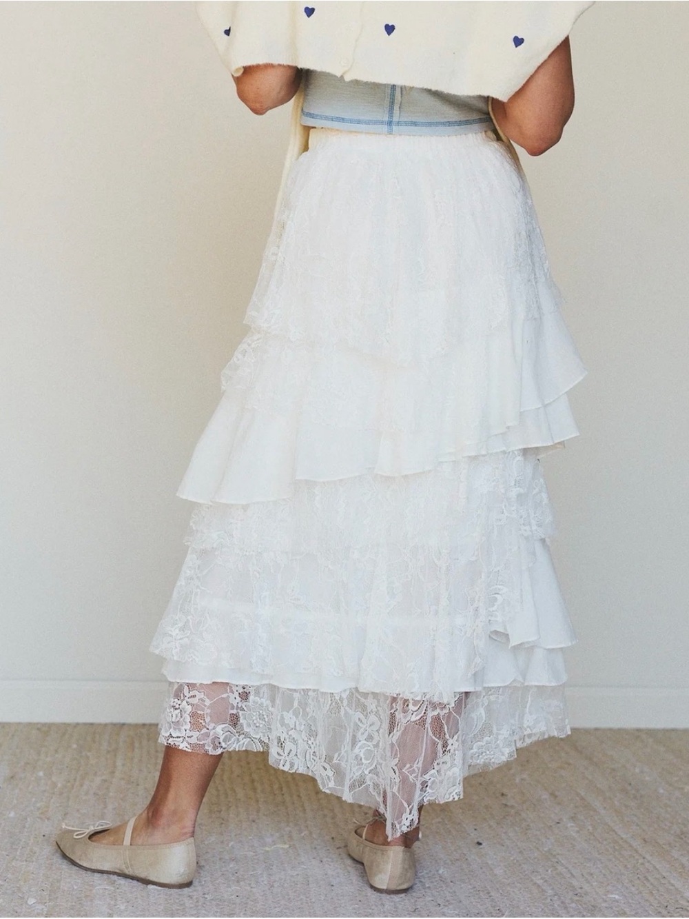 Three Bird Nest White Tiered Lace Maxi Skirt
